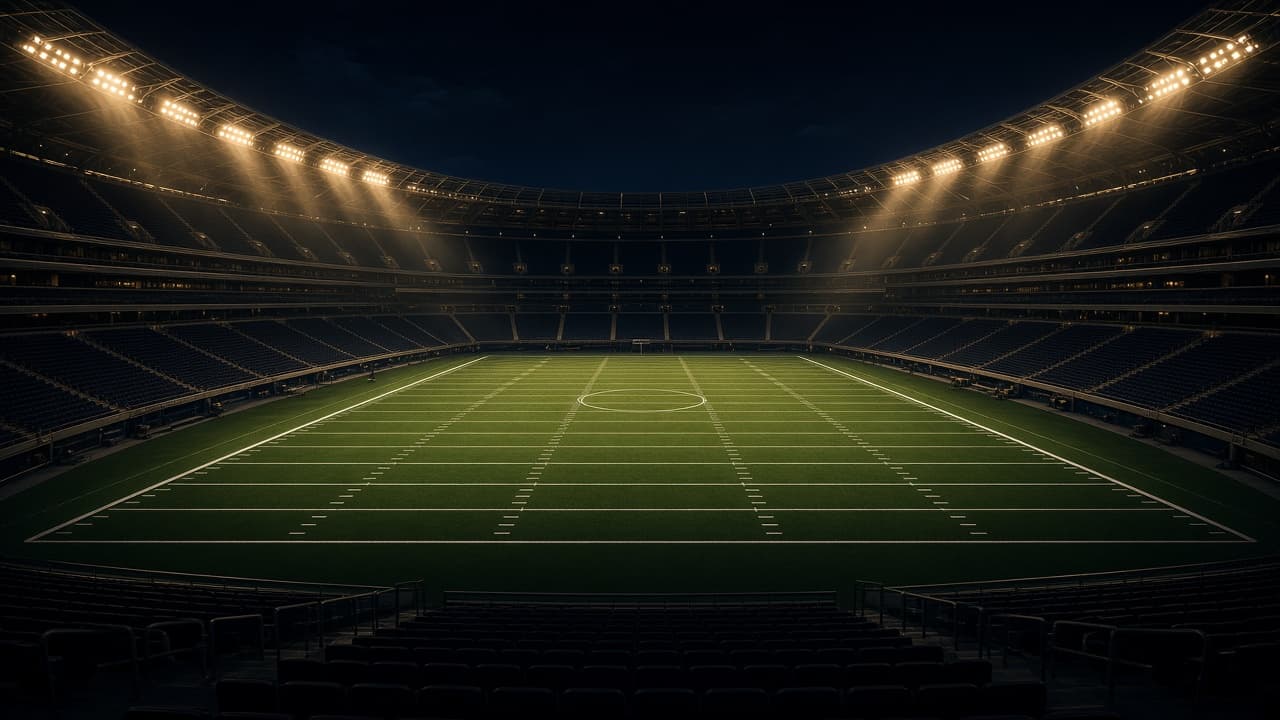 American football field under stadium lights at night