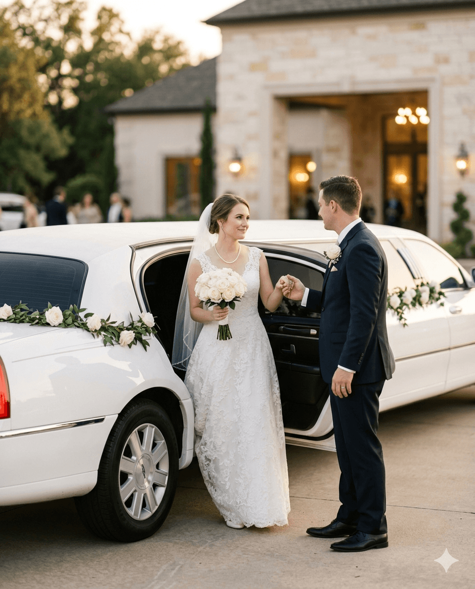 Wedding couple with luxury limousine transportation in Dallas