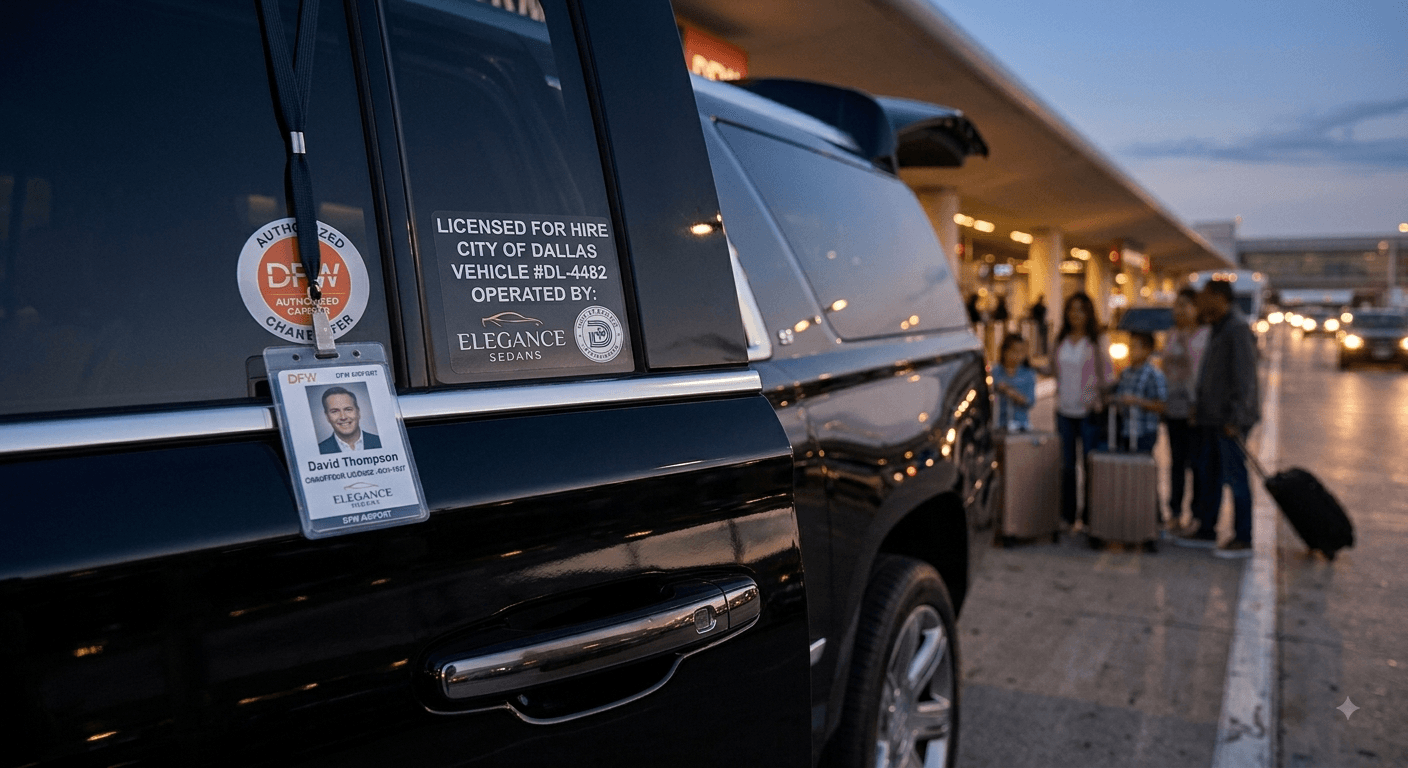 Blitz Limo chauffeur standing beside a black SUV in DFW