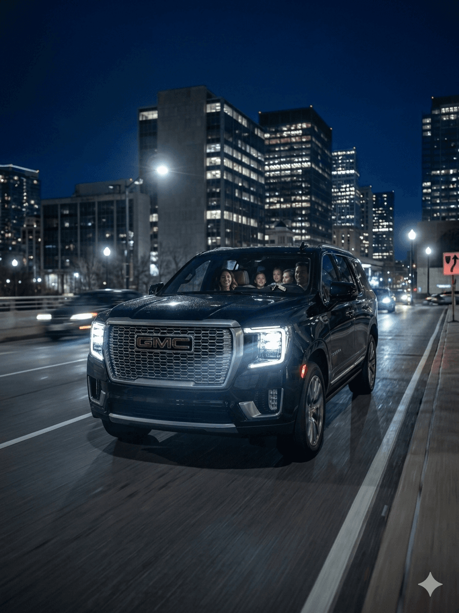 Black SUV driving through the city at night for a Christmas lights tour